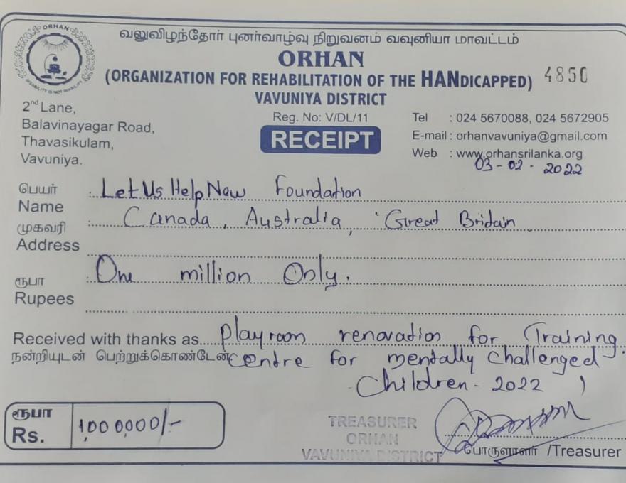 ORHAN Receipt for donation 