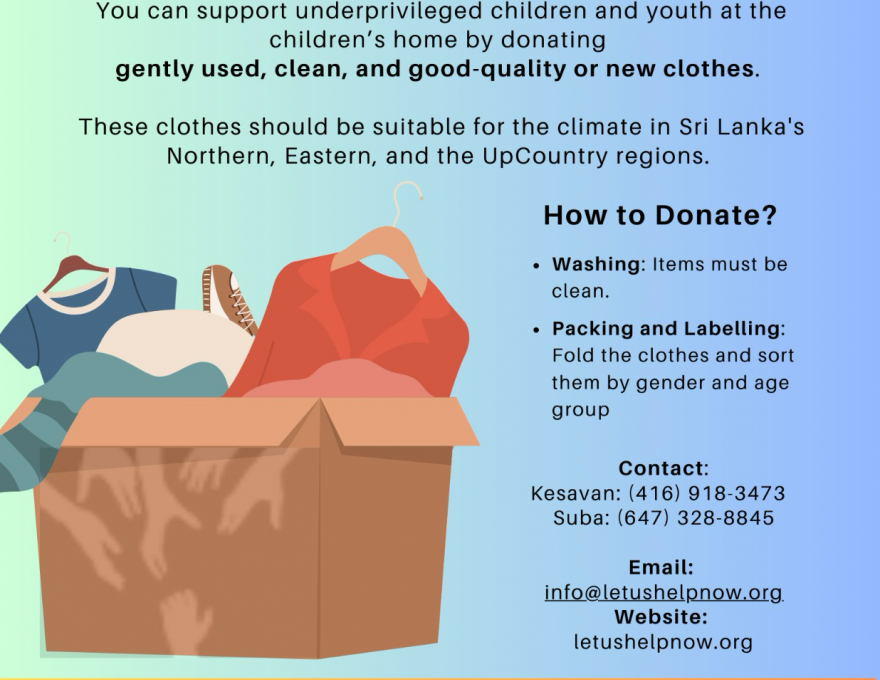 May 24, 25 Clothing Drive by LetUsHelpNow Foundation for Sri Lankan Care Homes